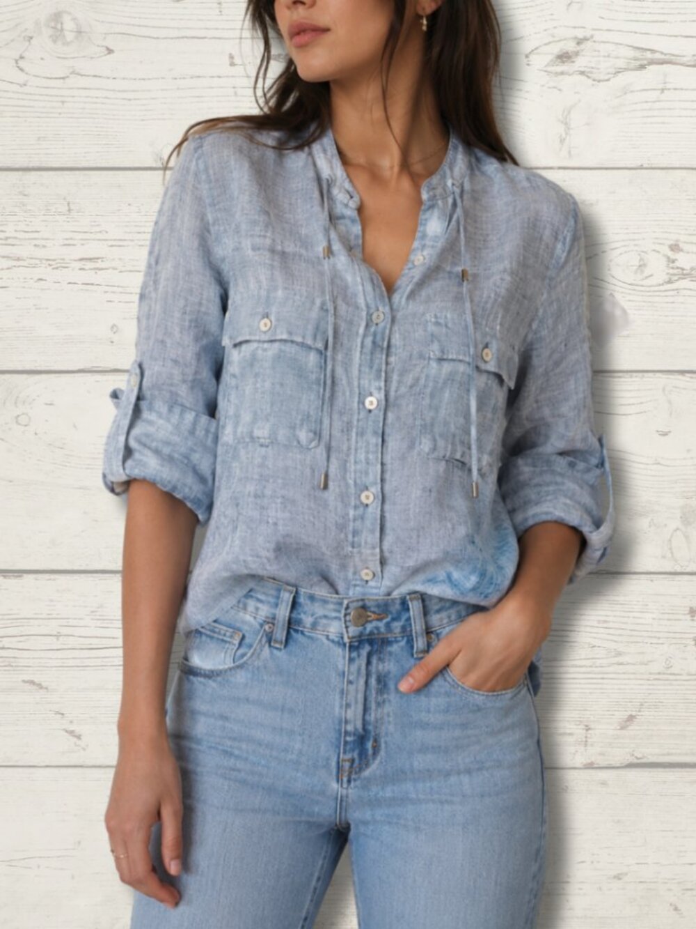 Gabby Isabella Light Blue Ramie Zip Front Shirt – XL